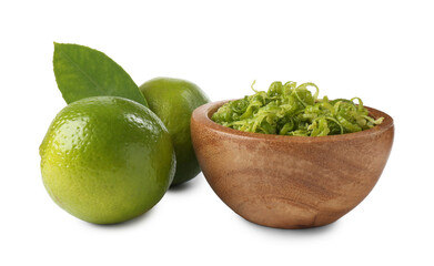 Lime zest and fresh fruits isolated on white