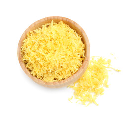 Fresh lemon zest in bowl isolated on white, top view
