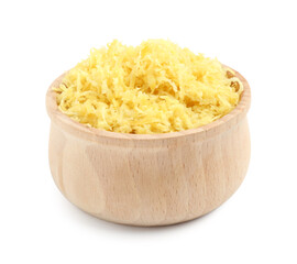 Fresh lemon zest in bowl isolated on white