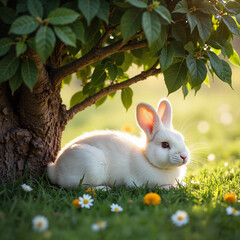 Fototapeta premium Cute white rabbit resting under tree in spring meadow