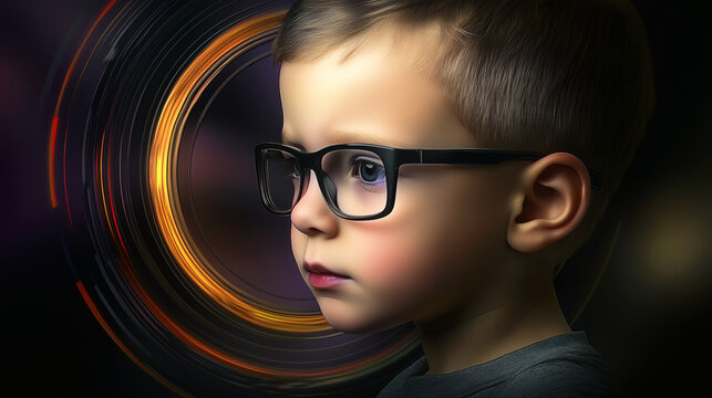 A child with futuristic glasses and a digital swirl background symbolizes the future of AI and biorobotics