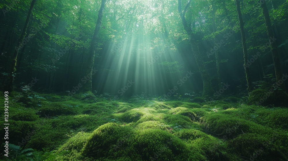 Poster Sunlight streams through the canopy of a serene forest, casting ethereal beams over vibrant green moss, creating a tranquil and enchanting atmosphere in nature