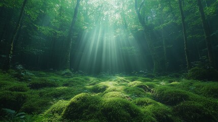 Fototapeta premium Sunlight streams through the canopy of a serene forest, casting ethereal beams over vibrant green moss, creating a tranquil and enchanting atmosphere in nature