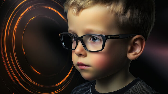 A child with futuristic glasses and a digital swirl background symbolizes the future of AI and biorobotics
