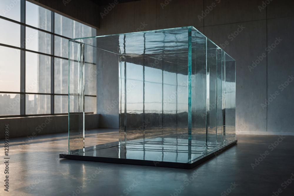 Poster floating transparent glass panel with soft reflections in an abstract space