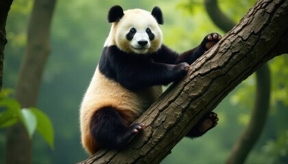 Obraz premium Large panda gripping tree branch, showcasing powerful legs , tree, wildlife