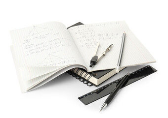 Doing homework. Notebook with math assignment and stationery on white background