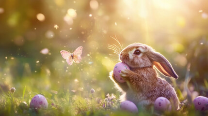 Obraz premium Cute bunny surrounded by pink eggs and butterflies in a spring garden setting