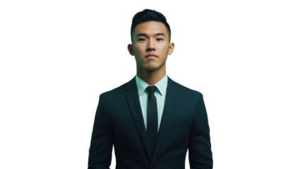 Serious businessman posing with transparent background, green lighting