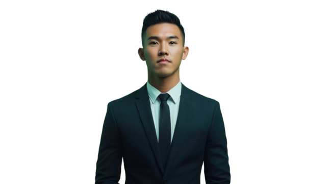 Serious businessman posing with transparent background, green lighting