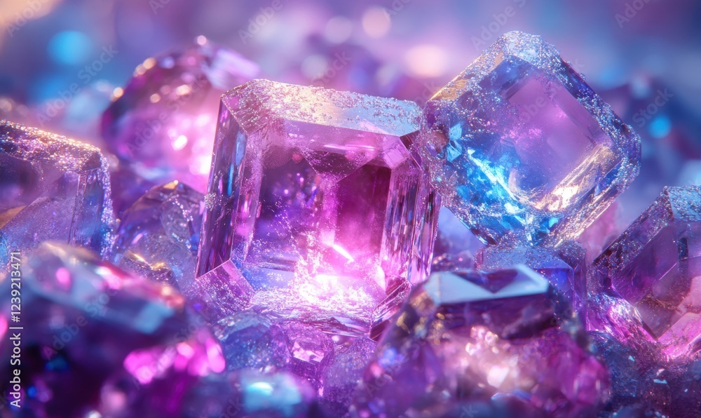 Poster a close-up view of colorful gemstones with intricate details and reflections of light in purple and 
