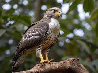 Obraz premium Majestic Hawk Perched in Nature Close-Up with Colorful Feathers and Intense Eyes
