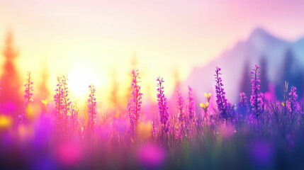 Sunrise over a misty meadow with wildflowers, vibrant and serene natural setting,