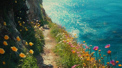 A steep cliffside trail lined with wildflowers, overlooking a shimmering blue ocean