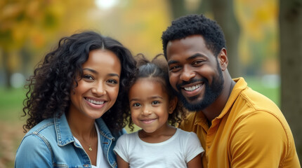 Loving parents and daughter embracing outdoors in fall season