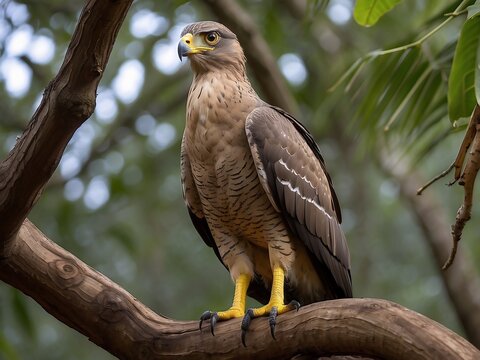 Majestic Crested Serpent Eagle Perched in Forest Habitat - Close-Up Wildlife Photography of Vibrant Plumage and Detailed Feathers - Powered by Adobe