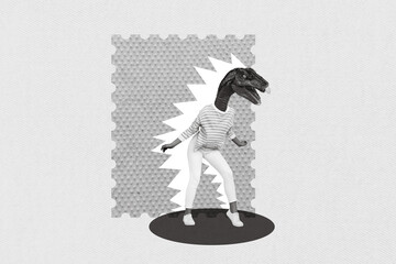 Creative photo collage illustration of funny funky weird angry dinosaur woman screaming shouting...