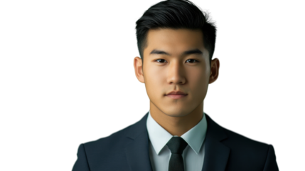 Serious asian businessman making eye contact on transparent background
