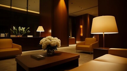 Elegant Lounge Interior with Warm Lighting and Flowers