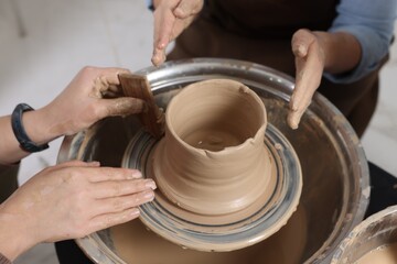 Hobby and craft. Women making pottery indoors, closeup
