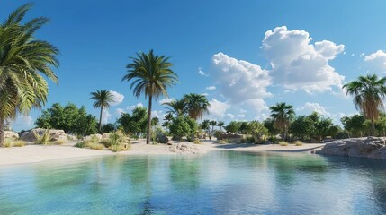 Obraz premium Tranquil scene of a desert oasis palm trees and crystal-clear pond under a bright blue sky nature landscape serene environment