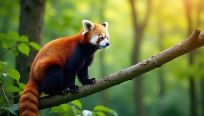 Fototapeta premium Red panda perched on a sun-drenched branch, lush forest background, sunny, photography