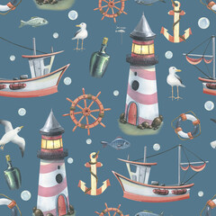 Watercolor illustration of a marine theme with a lighthouse, a fishing ship, a steering wheel, an anchor, seagulls. Light, seamless pattern. For fabric, textiles, prints, wallpaper, paper, clothing.