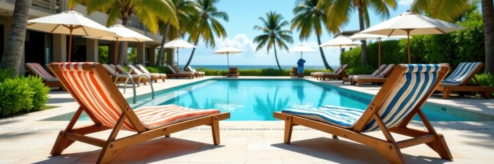 Fototapeta premium Relaxing striped deckchairs by tropical resort pool, serene, outdoor furniture