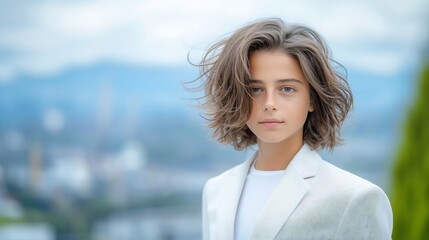 Young person with stylish hair in a light suit against a blurred cityscape background