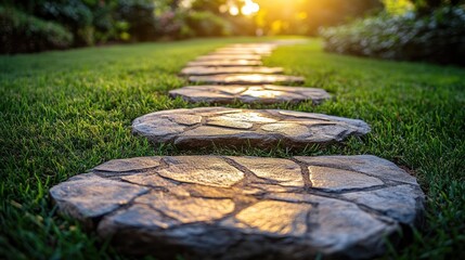 A pathway made of square stone slabs,