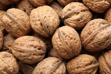 Fresh walnuts in shells as background, top view