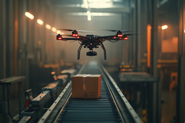 Futuristic Drone Lifting a Parcel Inside a High-Tech Warehouse, Automation Concept