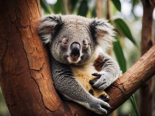 Naklejka premium Adorable Sleeping Koala in Eucalyptus Tree Natural Habitat Australia Wildlife Photography