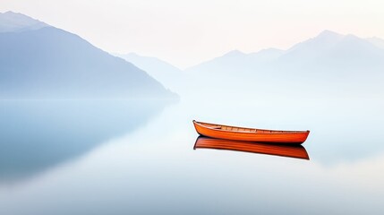 solitary wooden rowboat anchored on calm waters, soft natural light, mountains in background, tranquil ambiance, minimalistic