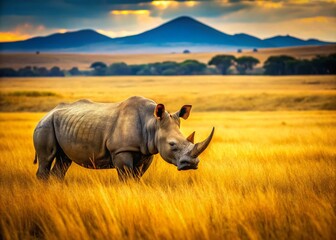 Obraz premium Solitary Rhino Grazing in African Savanna: Wildlife Stock Photo