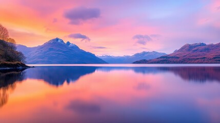 Fototapeta premium Vivid pink and orange clouds reflecting on a tranquil bay at twilight, peaceful and dynamic natural setting
