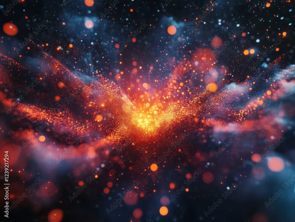 Poster abstract cosmic explosion with glowing particles, vibrant colors, and swirling patterns in a space-l
