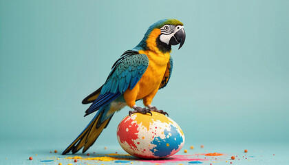Colorful macaw perched on painted Easter egg