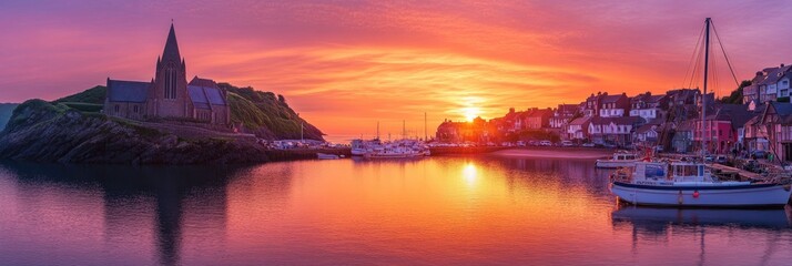 Fototapeta premium Panoramic Sunrise Over Ilfracombe Harbor in Devon, England: A Beautiful Boat-filled Scene with Charming Churches