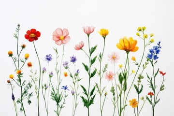 Fototapeta premium Charming wildflower arrangements on bright canvas, vintage-inspired aesthetics for home decor and gardening fans. Ideal for nature enthusiasts looking for distinct botanical art prints