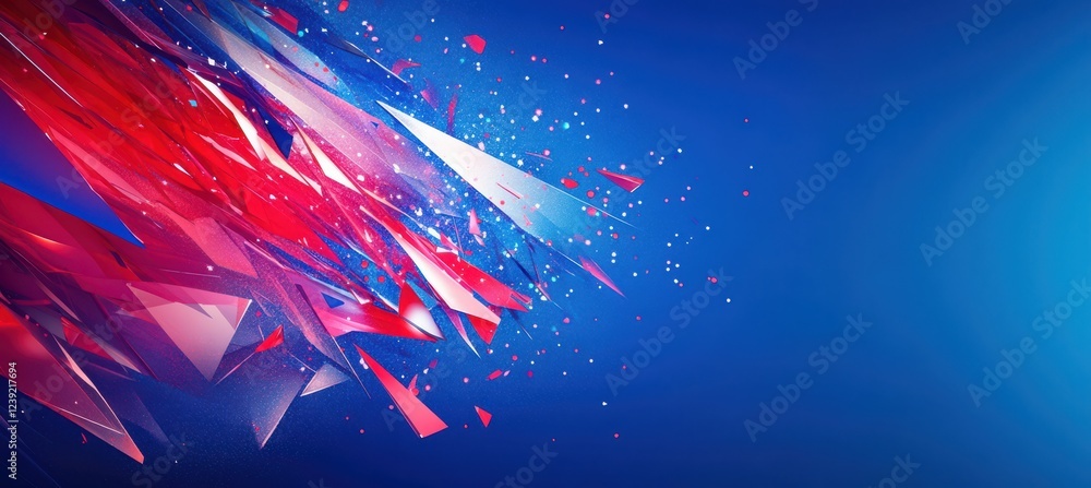 Poster abstract dynamic red and blue background with sharp shapes and vibrant particles for creative design