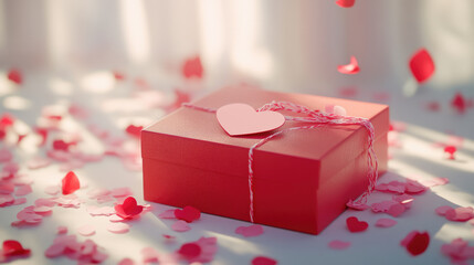 A gift box with a heart-shaped tag, placed on a white surface with scattered pink and red confetti. Gift for Valentine's Day, Birthday.