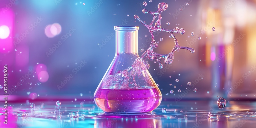 Poster dramatic slow-motion capture of liquid mixing in a beaker, emphasizing the colorful chemical reactio