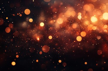 Abstract glowing background with sparkling particles and bokeh effect in warm tones of orange, gold and brown for design and artistic purposes