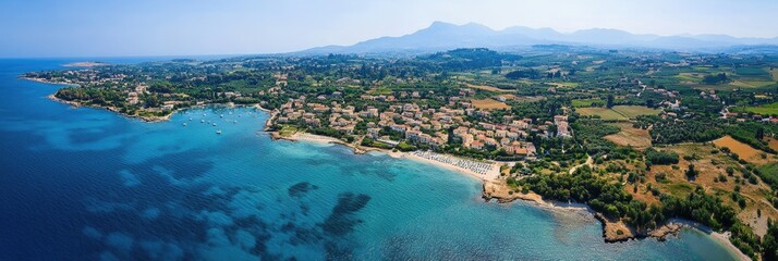 Naklejka premium Breathtaking Aerial View of Porto Timoni in Corfu, Greece: A Summer Paradise with Crystal Clear Waters and Stunning Coastal Landscape