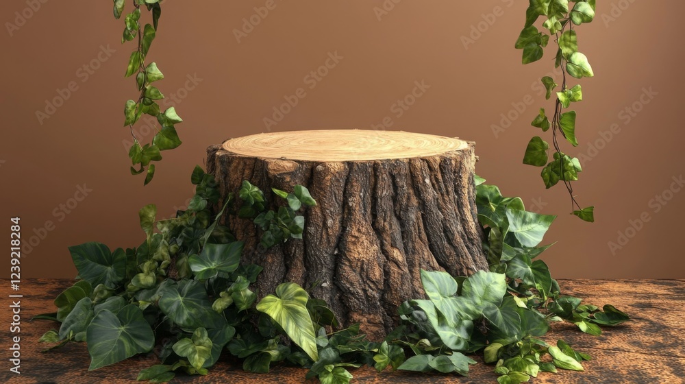 Poster a wooden podium made from a tree stump is adorned with vibrant green ivy and foliage. the setting re