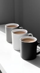 three steaming coffee mugs in black white and grey aligned on a bright surface with soft lighting copyspace concept of cafe beverage marketing