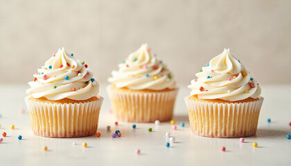 Vanilla cupcakes with colorful sprinkles on cream frosting