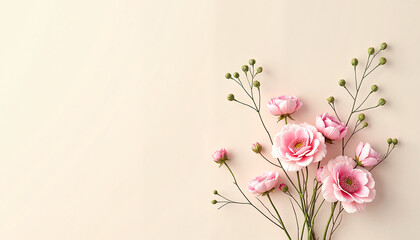 Naklejka premium Pink flowers with delicate branches on beige background