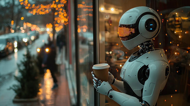 humanoid robot holding a coffee cup stands by a window, gazing at a rainy city street, glowing string lights. The scene captures a mix of technology and human-like contemplation in cozy urban setting